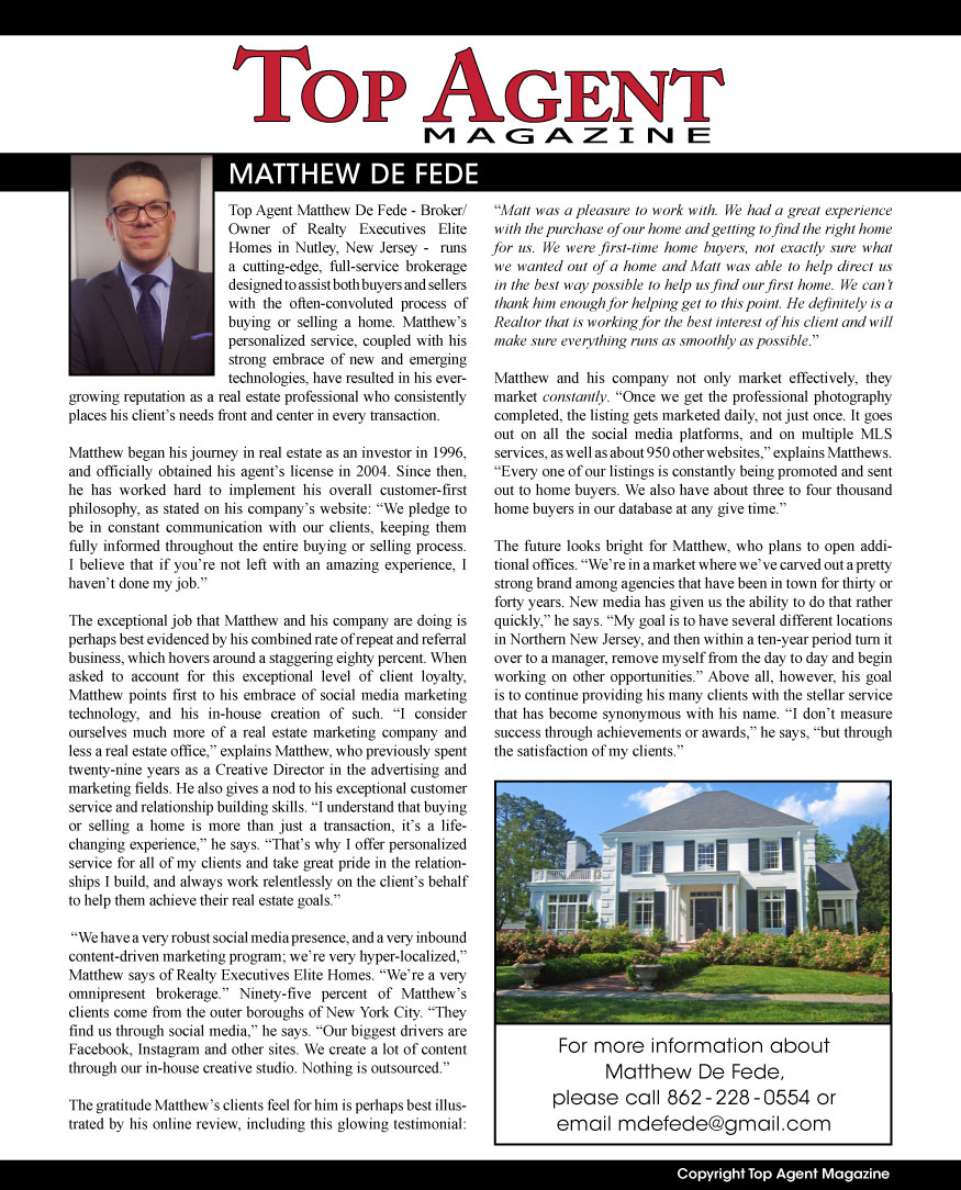 I am excited to be nominated as a Top Agent in my area of Nutley NJ by Top Agent Magazine.