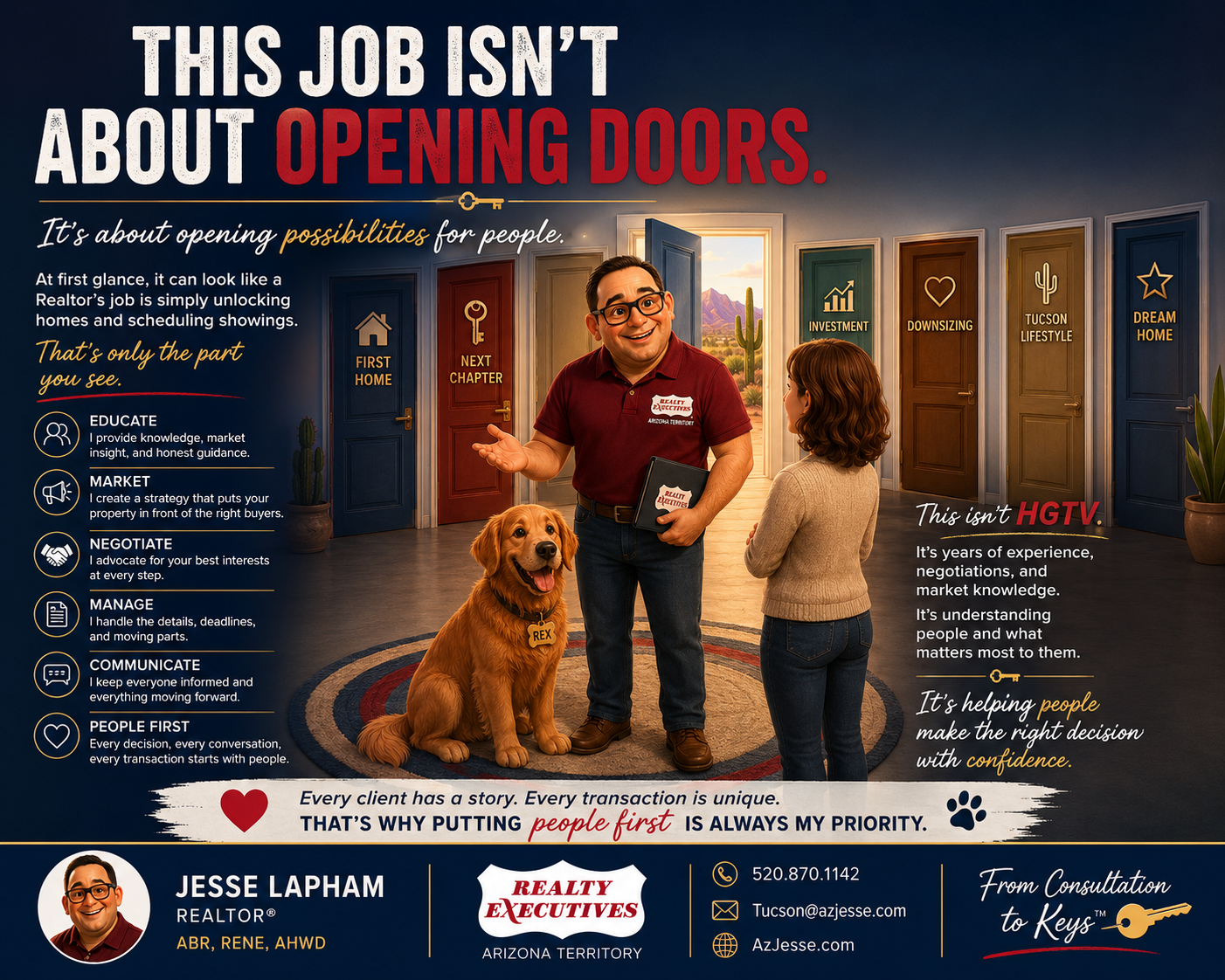 Jesse Lapham and Rex illustrating how an experienced Tucson Realtor educates, markets, negotiates, communicates, and puts people first.