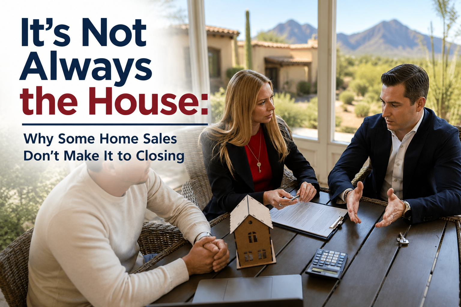 Real estate professionals and a client reviewing a home purchase contract, illustrating negotiation and problem-solving during a real estate transaction.