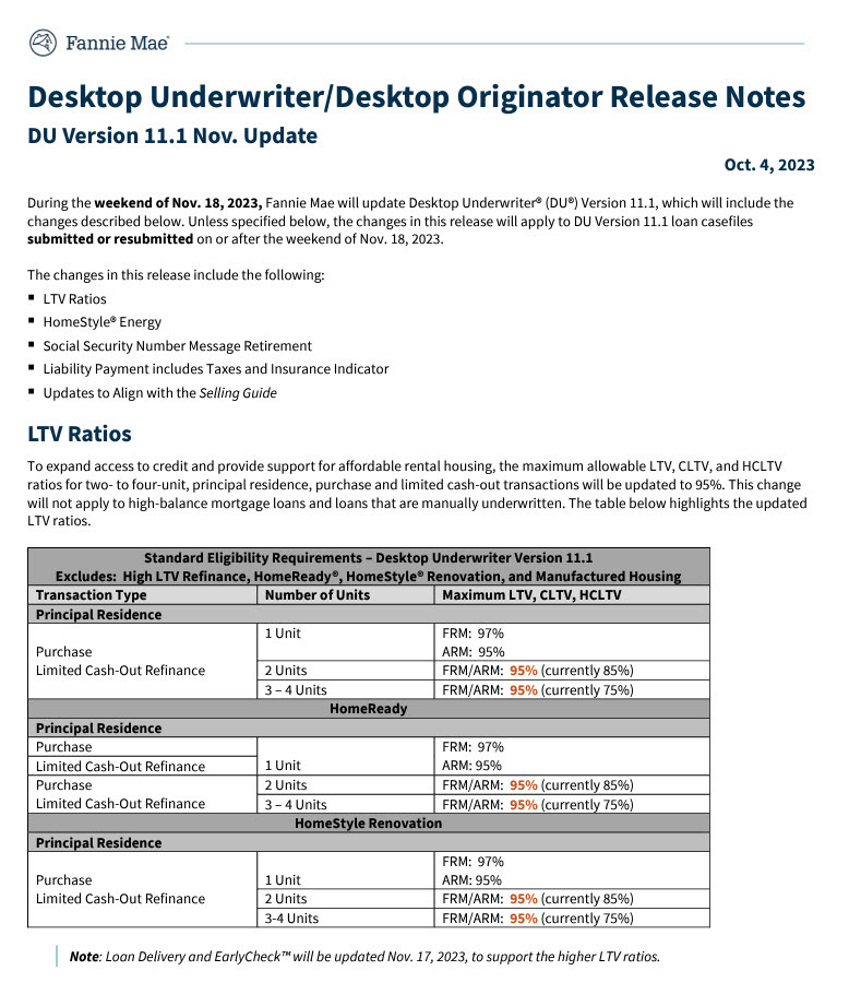 Fannie Mae 5% loan 2 3 4 unit houses