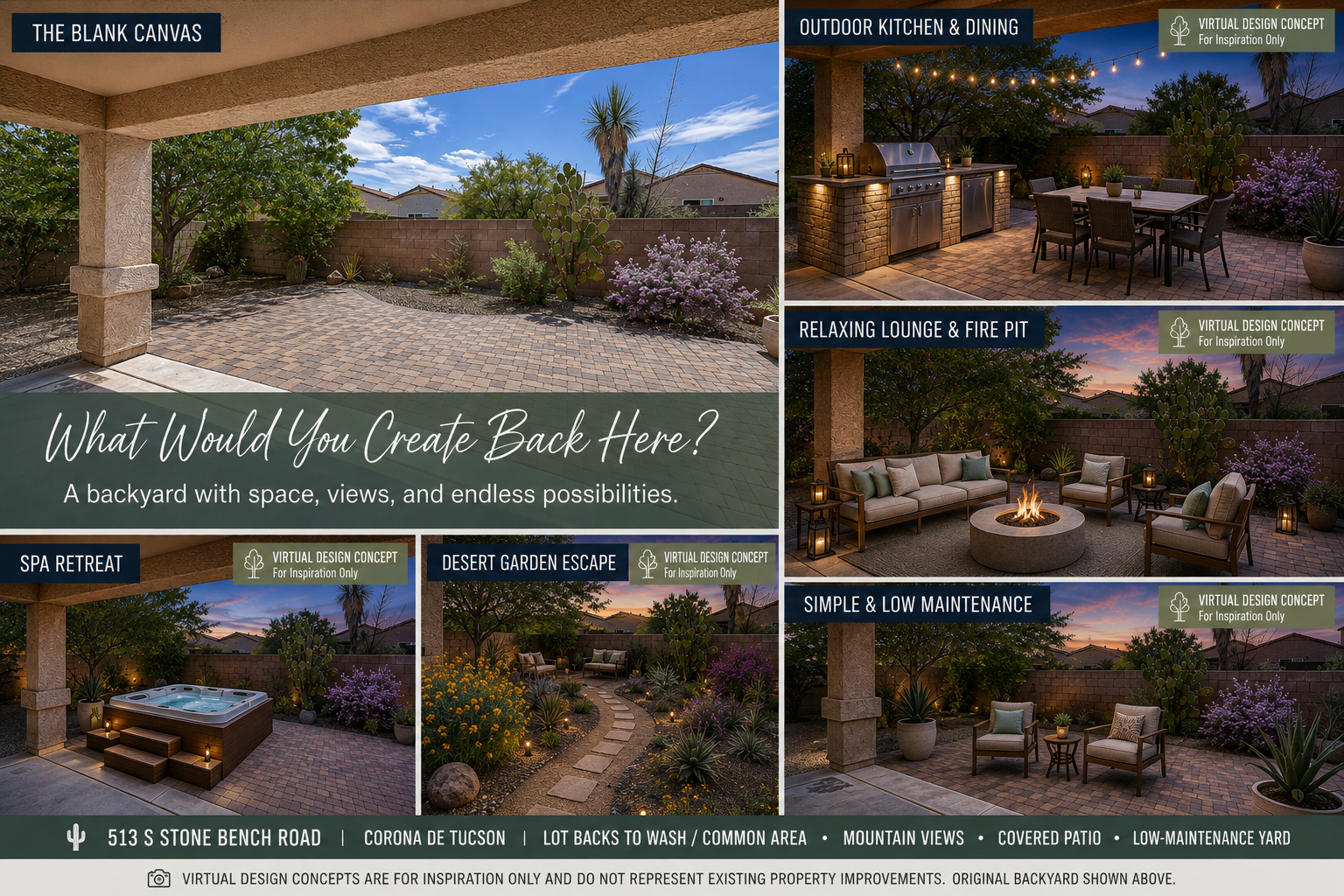 Virtual backyard design concepts for 513 S Stone Bench Road showing outdoor kitchen, firepit, spa and landscaping possibilities